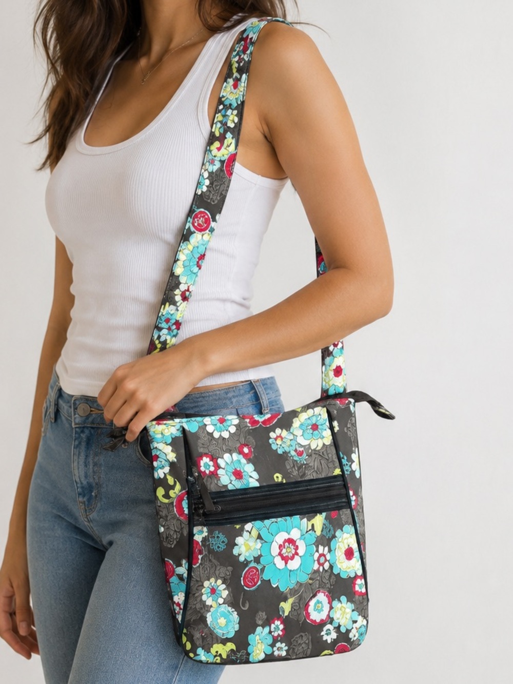 Thirty-One Floral Crossbody Bag Brown Blue Pink Adjustable Strap Purse